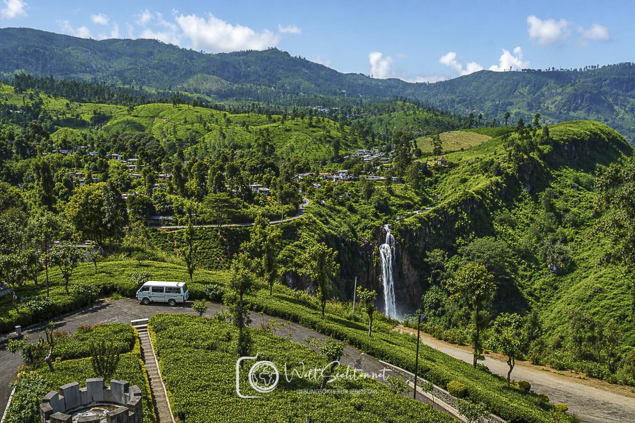 Grüne Teeplantagen und Berge im Hochland von Sri Lanka