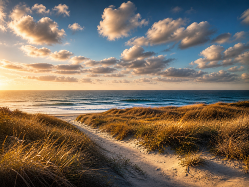 Düne im goldenen Abendlicht Sanddüne mit Gras im Vordergrund, Meer und wolkiger Himmel im Hintergrund.