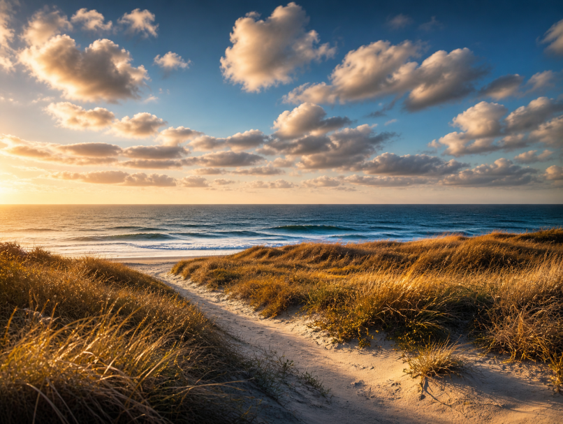Dünenlandschaft an der Ostseeküste im Abendlicht Sandweg zwischen Dünen, Blick auf das Meer unter einem wolkigen Sonnenuntergang.