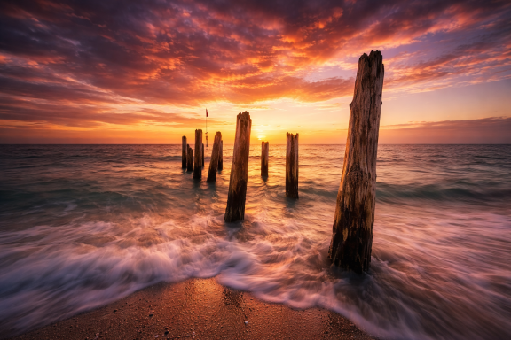verfallener Steg in Juliusruh Sonnenuntergang über dem Meer mit alten Holzpfählen im Vordergrund.